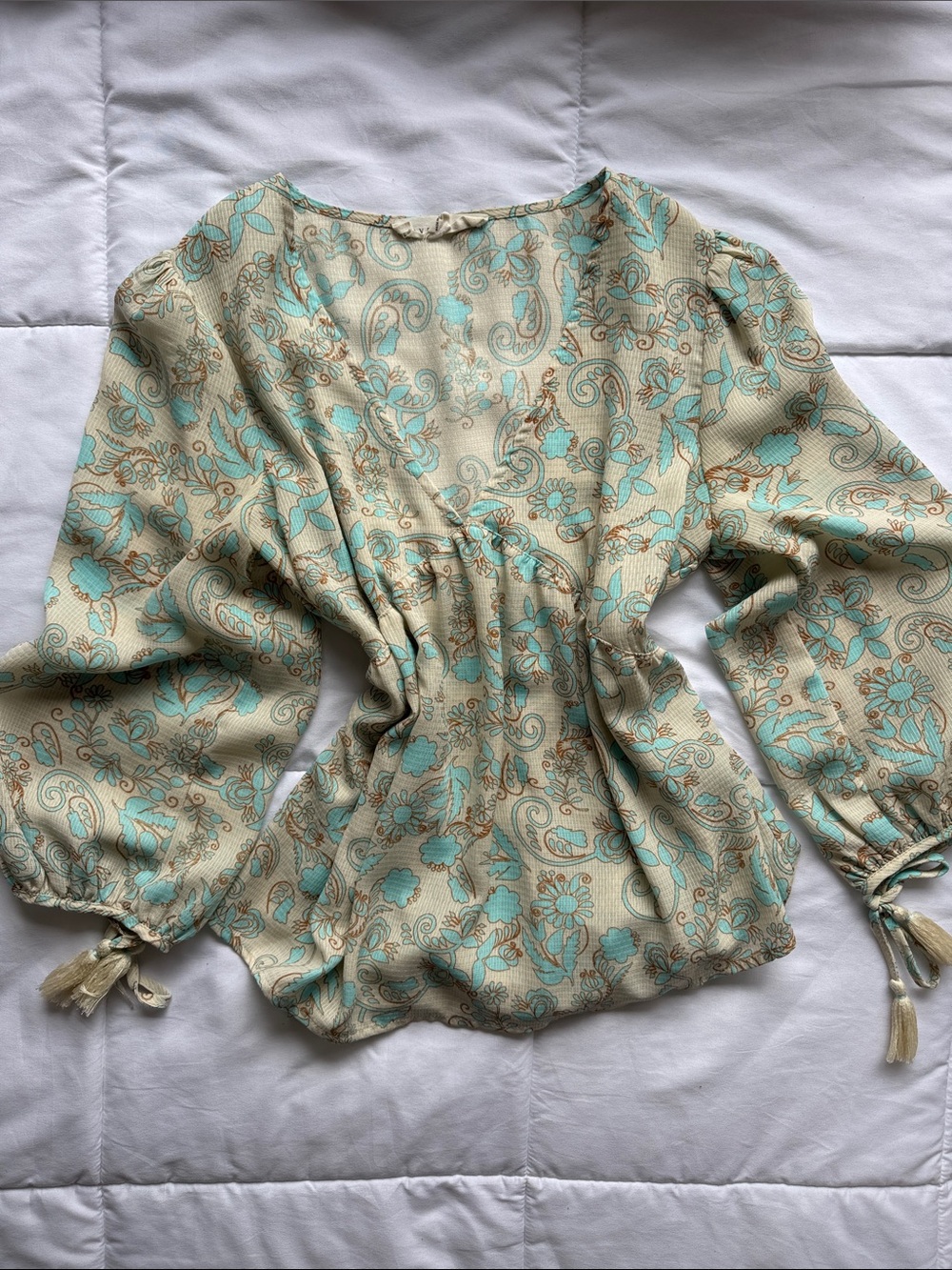 lovestitch Cream and Turquoise Paisley Peasant Blouse